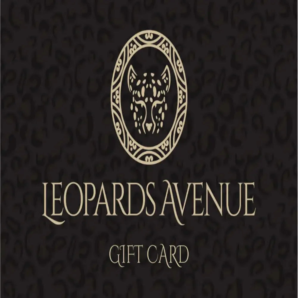Leopards Avenue gift card with gold leopard head logo on black patterned background